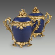Pair of deep blue Chinese porcelain jars with French gilt-bronze mounts, 1700–49.