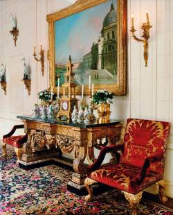 In the foyer, a vignette of Meissen figures sits beneath a Canaletto painting.Read more: Ann Getty's San Francisco Home - Pictures from Ann Getty's San Francisco Home - Harper's BAZAAR