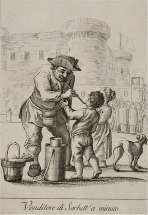 Pietro Fabris, Venditore di sorbett’a minuto, from his Raccolta di varii vestimenti ed arti del Regno di Napoli (Naples, 1773). © British Library Board D-7743.h.13. 