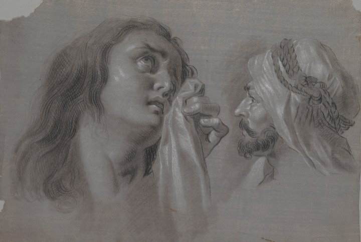 Zacarías González Velázquez (Spanish, 1763-1834), Mary Magdalene and Head of a Moor, 1793. Black chalk, wash and white chalk highlights on grey tinted paper. Meadows Museum, SMU, Dallas. 