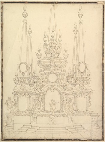 Workshop of Giuseppe Galli Bibiena, Elevation of a Catafalque: Four Large Obelisks at the Corners with Large one Surmounting the Top, drawing, ca. 1720-40 (New York: Metropolitan Museum of Art)