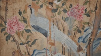 hinese white male pheasant on a rock amongst tree peonies; detail from Chinese wallpaper hung in ‘His Grace’s Bedchamber’, April-May 1752 by Crompton & Spinnage 