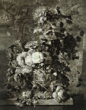 Richard Earlom (1743–1822), “Floral Still Life,” after Jan van Huysum, mezzotint, 56 x 42 cm, Alte Galerie
