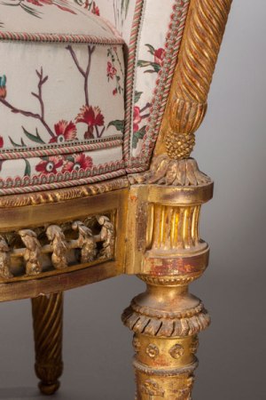 Jacques Gondoin and François II Foliot, Chair from the Pavillon du Rocher at the Petit Trianon; carved, gilded beech; 1781, 89 x 56 x 56 cm (Versailles, National Museum of the Palaces of Versailles and Trianon, Inv. V 5358)