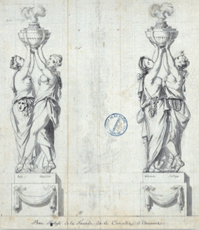 Jacques-Pierre-Jean Rousseau, ingénieur des ponts et chaussées, puis architecte de la ville d’Amiens, reliefs de la façade du théâtre de la ville, 1778, Archives départementales de la Somme