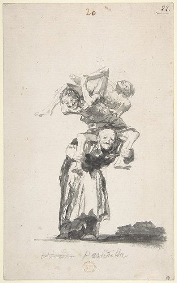 Goya, Nightmare; Witches and Old Women; Album (D), page 20, ca. 1819–23. Brush, black ink, and wash on Netherlandish laid paper (New York: Metropolitan Museum of Art, Rogers Fund, 1919)