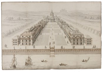 Leonard Knyff, Perspective presentation drawing of a design for an enlarged hospital with a central domed hall and chapel range, 1695, pen and ink (London: John Soane's Museum)