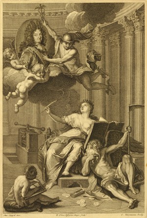 Frontispiece to Médailles sur les principaux évènements du règne de Louis le Grand (Medallic History of Louis the Great, 1702). Etching and engraving, 1723. Father Time lies defeated by the medallic history of Louis XIV which will last forever.