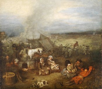 Jean-Antoine Watteau, The Supply Train (Escorte d'équipages), ca. 1715, oil on panel, 11 1/8 x 12 3/8 inches (Private collection)