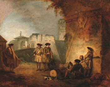 Jean-Antoine Watteau, The Portal of Valenciennes (La Porte de Valenciennes),ca. 1711−12, oil on canvas, 12 3/4 x 16 inches (New York: The Frick Collection; photo by Michael Bodycomb) 