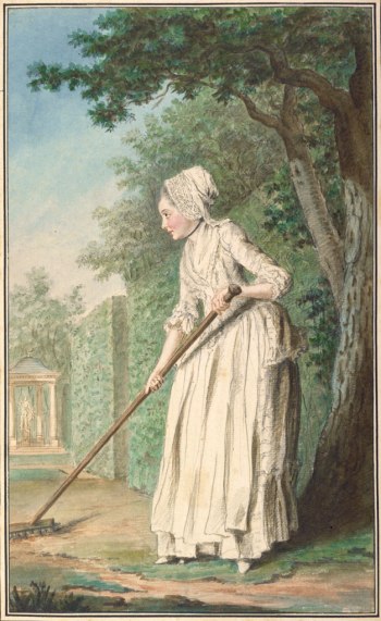 Louis Carrogis de Carmontelle, The Duchess of Chaulnes as a Gardener in an Allée, 1771, watercolor and gouache over black and red chalk (The J. Paul Getty Museum)