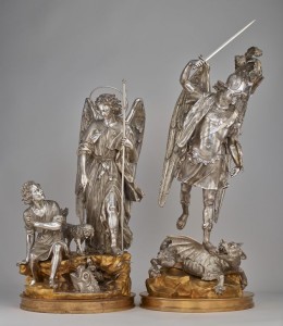 Giuseppe Sanmartino, Saint Raphael with Tobias, his Dog, and the Fish, c. 1780 27 × 17 × 12 inches; The Archangel Saint Michael in Triumph, c. 1780 33 × 14 × 14 inches, Silver, gilt bronze (Minneaplis Institute of Art, Gift of Al and Mary Agnes McQuinn 2015.24.1,2)
