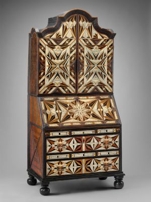 Desk and bookcase, mid-18th century, Mexico. Inlaid woods and incised and painted bone, maque, gold and polychrome paint, metal hardware (Museum of Fine Arts, Boston).