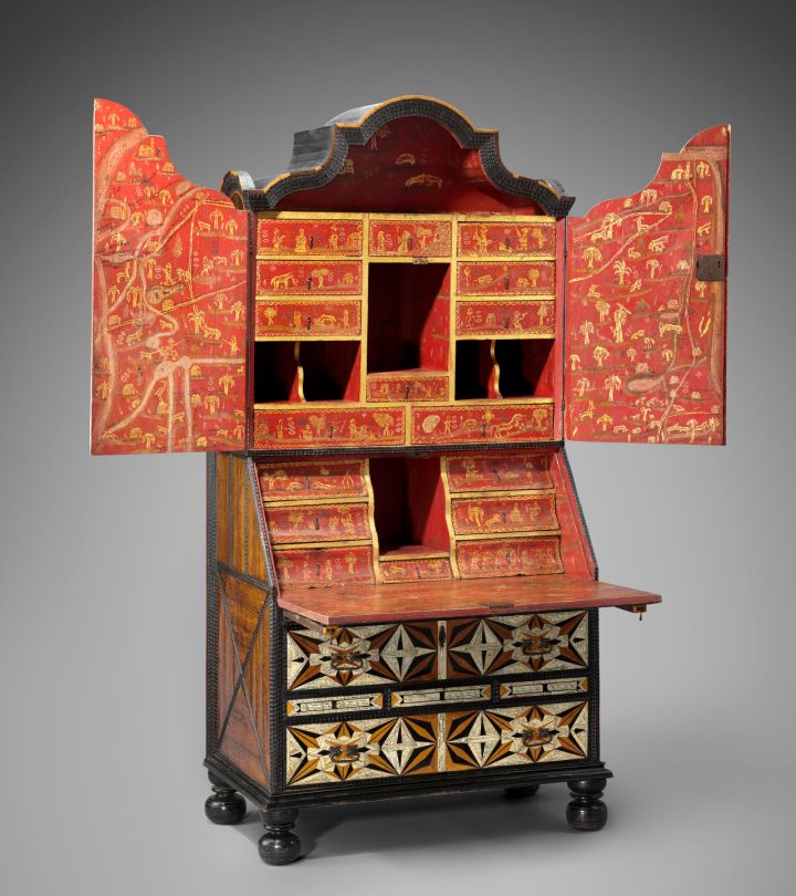 Desk and bookcase mid 18th century Inlaid woods and incised and painted bone, maque, gold and polychrome paint, metal hardware *Ann and Gordon Getty Collection *Courtesy, Museum of Fine Arts, Boston