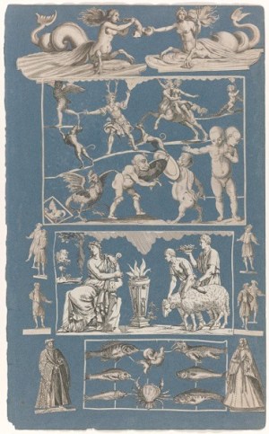 Blue album sheet with cut out prints of various printmakers, ca. 1690-1720