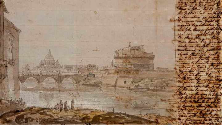 A-letter-from-Joseph-Wright-including-sketches-of-Castel-Saint'-Angelo-and-Saint-Peter's,-1774-credit---Derby-Museums-Trust