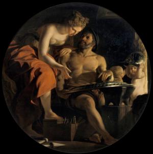 Numero scheda:48 Data compilazione: 30 novembre 2000 Compilatore: Sara Comunello Autore: Batoni Pompeo Ambito Culturale: Titolo: Soggetto: Venere riceve da Vulcano le armi per il figlio Enea Tecnica: Olio su tela Dimensione (l x h x p) in cm: 115 x 115,5 Cronologia Generica: XVIII secolo, metà Cronologia Specifica: Descrizione: L'opera rappresenta Vulcano seduto all'interno della sua fucina, colto nell'atto di consegnare a Venere, alle sue spalle, protesa verso di lui, le armi per il figlio Enea. Sulla destra Cupido ed un altro bambino giocano con l'elmo forgiato appositamente per l'eroe. Iscrizione Firme: Stemmi emblemi marchi: Provenienza acquisizioni: Proprietà Bruno Berti Data acquisizione: 1974 Tipo acquisizione: Acquisto Luogo acquisizione: Venezia Collocazione generica attuale: Sede principale Collocazione specifica attuale: VIII piano Collocazione originaria: Hotel Trento Note e osservazioni: L'opera venne acquistata nel 1974 da Bruno Berti tramite Egidio Martini, il quale in una perizia datata 12 dicembre 1973, seguita poi da un'altra firmata Pilo, direttore dei musei civici di Pordenone, attribuiva il dipinto a Pompeo Batoni (1708-1787). Il soggetto che i due studiosi indicavano era quello di "Teti riceve da Vulcano le armi per il figlio Achille"; l'iconografia di questo episodio infatti non si discosta molto da quella di "Venere riceve da Vulcano le armi per il figlio Enea" se non per il marginale dettaglio della presenza di Cupido, il piccolo messaggero che nel nostro dipinto è ritratto nell'atto di giocare con l'elmo e che quindi inequivocabilmente caratterizza il soggetto. La tela è stata altresì datata alla metà del XVIII secolo, al periodo in cui Batoni, assimilando le idee dell'ambiente romano, si accostava alle teorie neoclassiche conservando però un linguaggio vivo e ricco, sua precisa peculiarità. Nel dipinto risaltano infatti la compostezza formale delle figure illuminate da una luce crepuscolare che modula i corpi e al contempo enfatizza il colore rosso dell'abito di Venere a contatto con il delicato incarnato, e la finezza, derivata dalla conoscenza di opere fiamminghe e danesi dell'epoca, nella descrizione degli arnesi colpiti dai bagliori di luce prodotti dal fuoco. Il dipinto si accosta quindi ad analoghe soluzioni presenti nei dipinti di ispirazione eneide-virgiliana della fine degli anni Quaranta come "Achille alla corte di Licomede", datato 1746 presente a Firenze agli Uffizi, di cui osserviamo l'analogo trattamento della luce, e soprattutto "Prometeo plasma l'uomo con l'argilla" della collezione conte Piero Minutoli-Tegrimi datata 1743, in cui i lineamenti del viso, il panneggiare degli abiti, nonché la posizione di Prometeo, collocano le due tele in stretta relazione. Stato conservazione: Buono Indicazioni specifiche stato conservazione: Cadute di colore nella zona inferiore sinistra Indicazioni di tutela: Restauri pregressi: Riferimenti archivistici: Archivio Collezione d'Arte ITAS 1, Cartella "1973 Quadri Proposte Acquisti Egidio Martini" Archivio Collezione d'Arte ITAS 3 Archivio Collezione d'Arte ITAS 1, Cartella "1974 Quadri Proposte Acquisti" Riferimenti bibliografici: Mostre: Documenti Mostre: Aggiornamenti: - Tipo ripresa: Diapositiva 6x7 Dove Originale: Album 01 Autore Fotografia: Paolo Calzà Scansione eseguita da: AgF Bernardinatti Foto