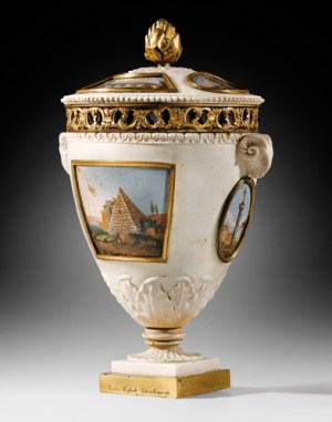 A gilt-bronze mounted white marble micromosaic vase with cover signed by Giacomo Raffaelli and dated 1777.