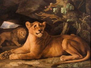 George Stubbs, A Lion and Lioness, 1778, enamel on Wedgwood ceramic 43.1 × 61.6 cm (London: The Daniel Katz Gallery)
