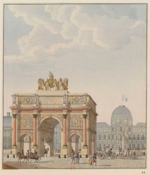 Charles Percier and Pierre Fontaine, Arc du Carrousel, south side view, 1806–15, watercolor and pen (Paris: Bibliothèque nationale de France, département Estampes et photographie, RESERVE FOL-VE-53 C).