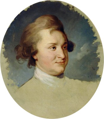 Unfinished oval portrait, depicting a man's face shown in three-quarters profile, looking to the right side of the canvas.