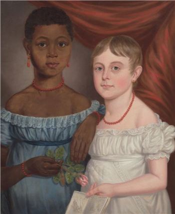 Double portrait of a Black girl wearing a blue dress and a younger white girl wearing a white dress; both wear red beaded necklaces. The older girl holds a pink flower while the younger holds a copy of Cinderella.