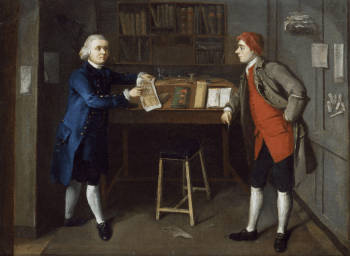 Painting of two men standing at a table.