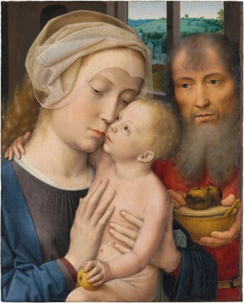 The Virgin and Child tenderly embrace as Jesus presses his cheek against Mary’s while she holds her son tightly. Joseph holds a spoon and lidded bowl.